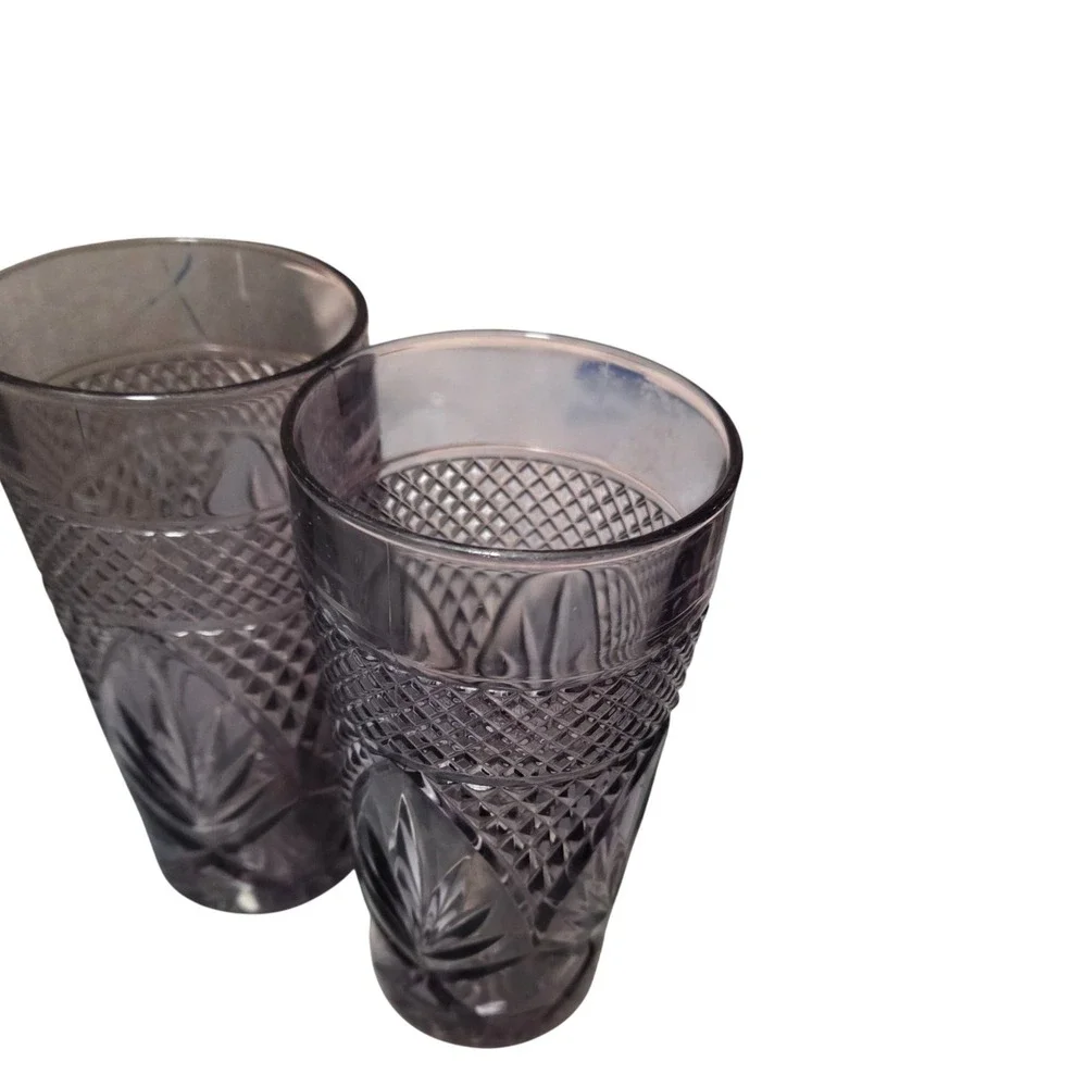 Vintage Amethyst Purple Pressed Glass Tumblers Set of 2 Cut Glass Pattern
